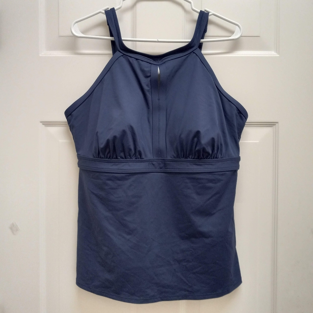 Lands End High Neck Empire Waist Tankini Swim Top Blue 16 DDD Keyhole Modest